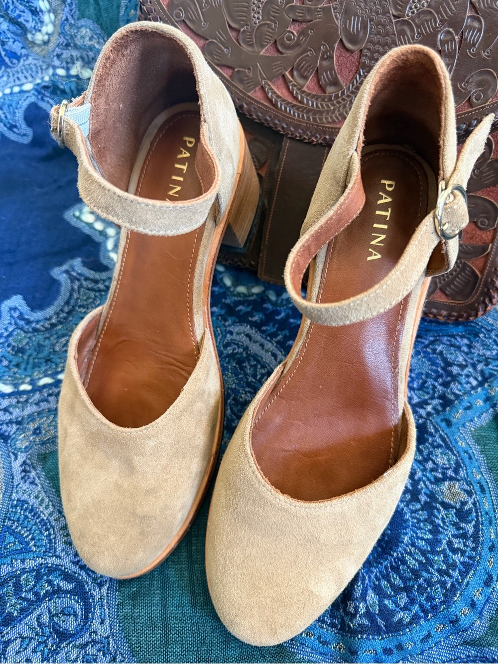 Patina by Portland Leather Taupe Suede Mary Jane Block Heels | Size 10